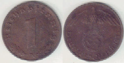 1937 D Germany 1 Pfennig A000482.